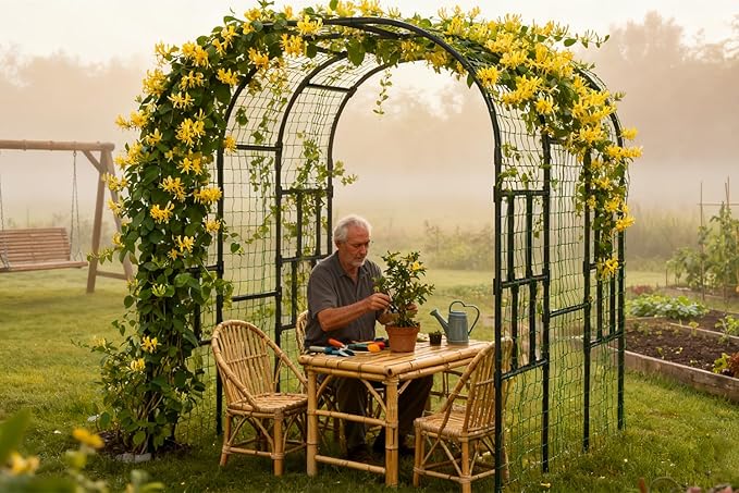 SUNYRISY Outdoor Garden Arch Trellis, 118" x 79" x 87" Extra Large Garden Trellis for Climbing Plants Outdoor, Plant Support for Cucumber Grape Vine Vegetable Fruit and Garden Gazebo
