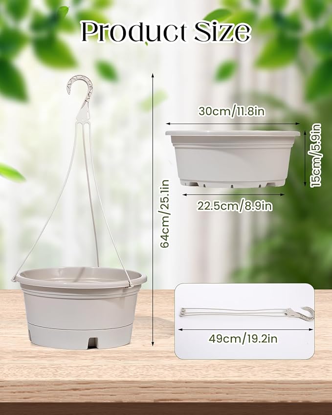 VIDELLY 12 Inch Large Hanging Planters for Indoor Plants,2 Pack Plastic Hanging Basket Pots with Drainage Trays & Chain Holders for Outdoor Indoor Plants Garden Balcony Decoration (Beige White)