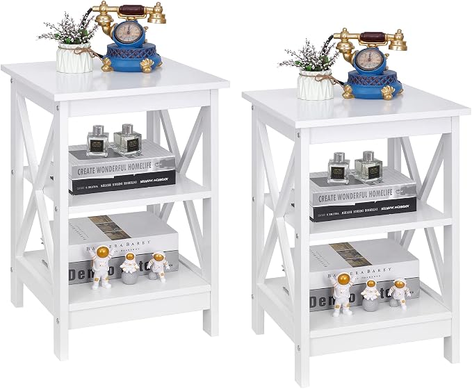 ZenStyle Set of 2 End Table 3-Tier X-Design Side Table with Storage Shelves Sofa Side Table Storage Organizer Display for Bedroom, Living Room, Office, Nursery Room, White
