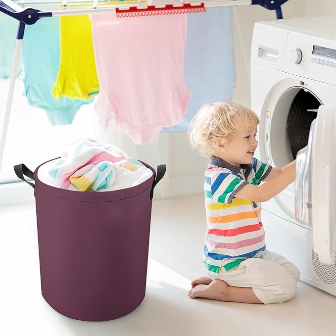 Large Laundry Hamper Bag, Plum Purple Color Collapsible Laundry Basket with Drawstring Dirty Clothes Organizer Washing Bin for Family Essentials Storage