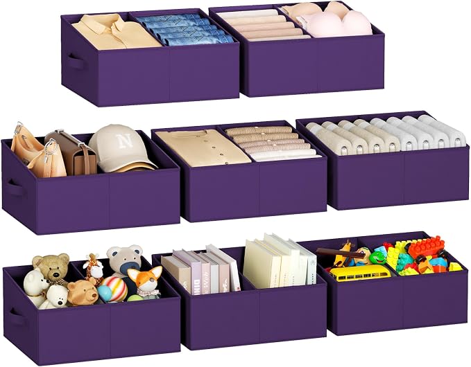 DIMJ Large Closet Shelf Organizer Bins 8 Packs with Handles and Divider, Fabric Trapezoid Storage Baskets, Foldable Clothes Containers Box for Shelf, Towel, Book, Toy, Purse, Hats, Purple