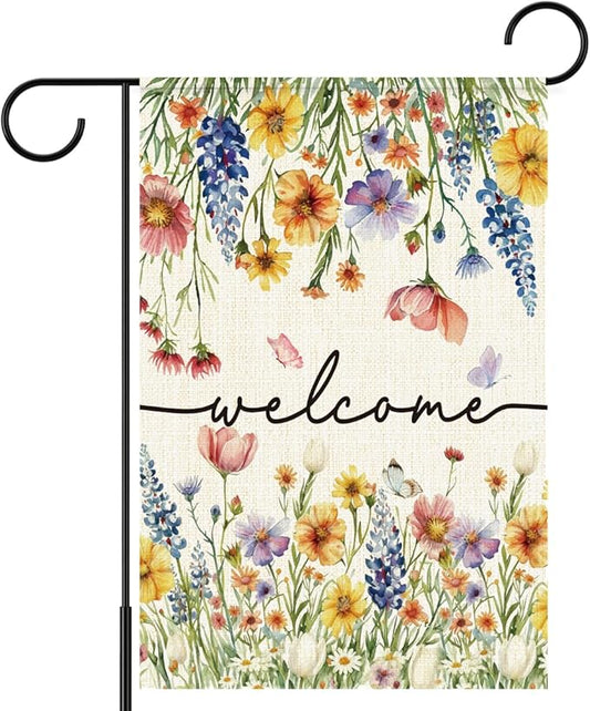 Welcome Flags for Outside,Floral Garden Flag for Yard Patio Lawn Decoration,12x18 Inch Double Sided