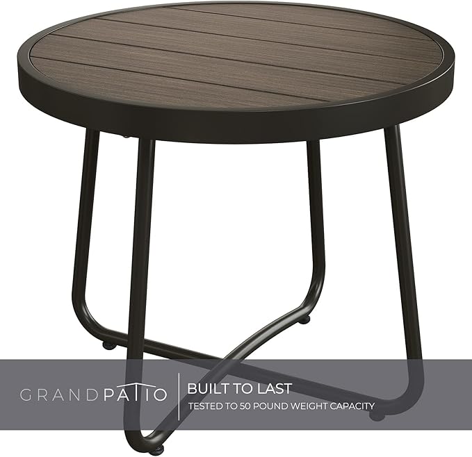 Grand patio Outdoor Side Table, Round End Table with Imitation Wood Tabletop, Dark Grey