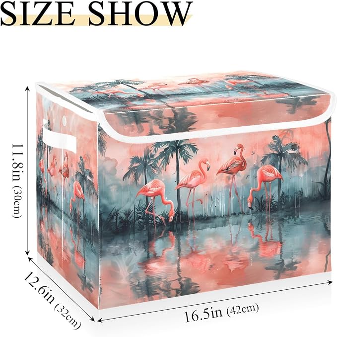 senya Large Storage Bins with Linen Collapsible Foldable Storage Cubes Fabric Closet Organizer Containers Box with Flip-Top Lid Home Bedroom Office 16.7 x 12.6 x 11.8in (Lovely Flamingos Palm Trees)