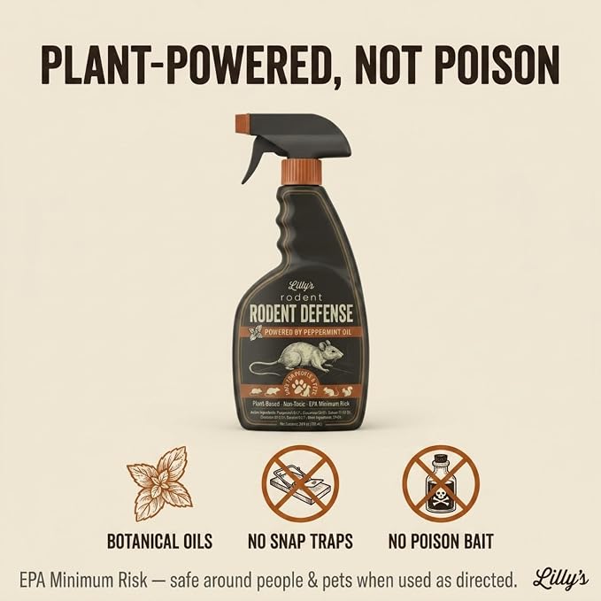 Rodent Repellent Peppermint Oil Spray for Rodents, 24 oz | Repels Mice, Rats, Squirrels & Chipmunks | Plant-Based Mouse Repellent for Indoor, Outdoor, Cars & Garages | Lilly's Rodent Defense