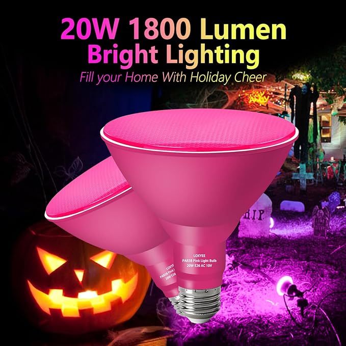PAR38 Flood Pink Light Bulbs,4 Pack Dimmable,E26 Base Pink Flood Light Outoor(20W Replace to 200W),Halloween Light Bulb for Outside,Christmas,Holiday Lighting