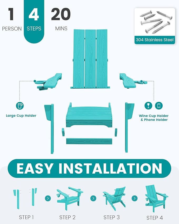 SERWALL Modern Adirondack Chair Set of 2, Folding Adirondack Chair with Cup Holders, Outdoor HDPE Adirondack Chair, Teal