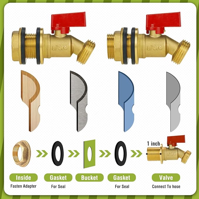GHT 3/4 spigot for rain barrel, brass bulkhead water barrel spigot kit for diy tank parts and accessories connect garden hose outdoor bucket (1 pc, red)