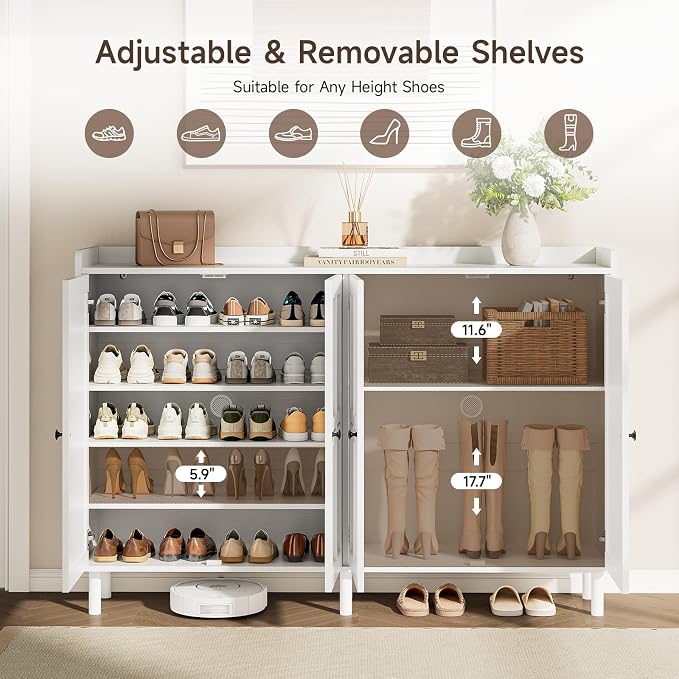 ONBRILL Extra Large Shoe Cabinet with 4 Doors & 6 Adjustable Shelves(White)