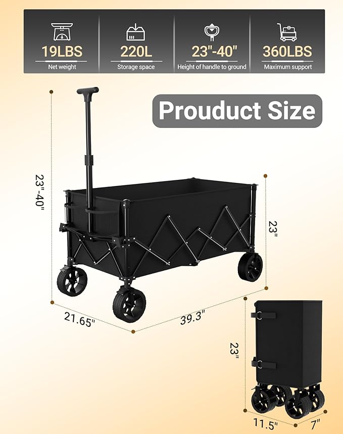 7.8 Cu ft Extra Large Foldable Wagon Cart, 360lbs Capacity, All-Terrain Beach Wagon with Big Wheels for Sand, Compact Fold Easy Storage, 220L Collapsible Utility Cart for Grocery Sports Garden Camping