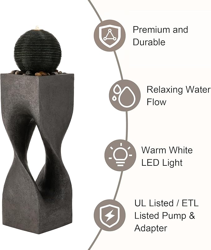 Glitzhome Outdoor Water Fountain, 36.5" H Polyresin Outdoor Fountain with Pebbles, Pump and LED Light, Modern Geometric Pedestal and Sphere Garden Fountain Waterfall for Patio, Backyard, Porch, Deck