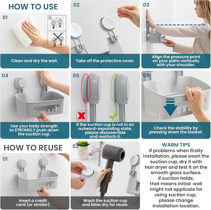 TAILI Shower Caddy Suction Cup, Bathroom Organizer Shelf Grey | Heavy Duty, Removable Inside Shower, Shampoo, Waterproof Plastic Storage, Rustproof Accessories