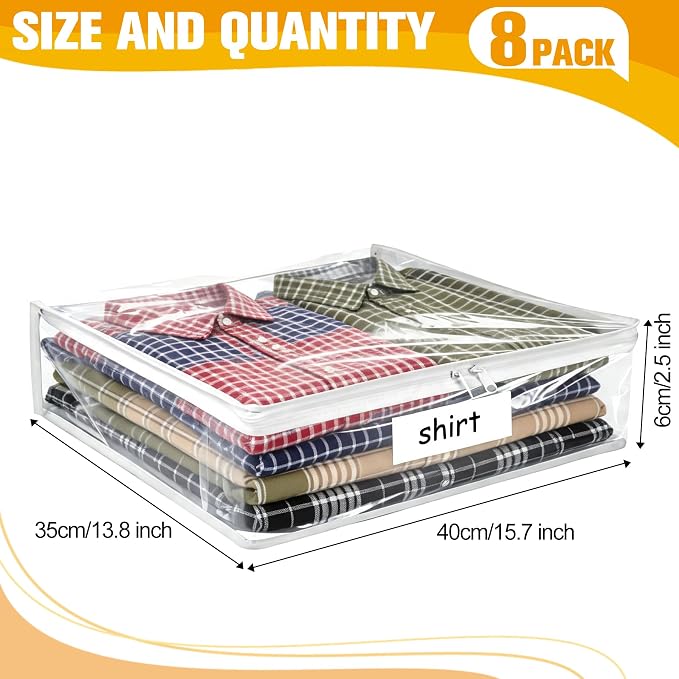 Plastic Storage Bags with Easy-Glide Zipper, Pack of 8, Durable Clear Vinyl Zippered Storage Bags for Clothes Sweaters Comforters Blankets Sheets Bedding (15.7 x 13.8 x 2.5 Inch, Transparent White)
