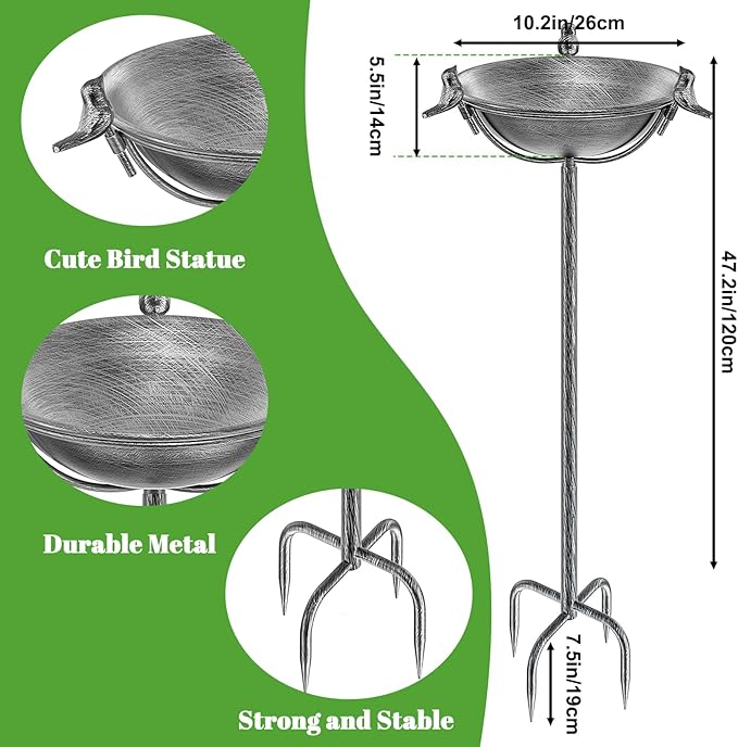 58In Freestanding Birdbaths Bowl Outdoor, Free Standing Garden Bird Bath Feeder Bowl with 3 Bird Statues, Birdbath & Birdfeeder with Metal Stake Garden Yard Lawn Decor (Retro Silver)