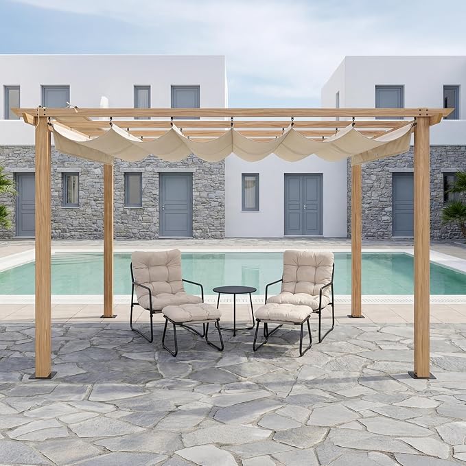 10' X 13' Outdoor Pergola with Retractable Canopy, Wood-Grain Aluminum Outdoor Retractable Pergola Canopy with Sun Shade Shelter, Modern Yard Grape Trellis Pergola for Deck Garden Lawn, Beige