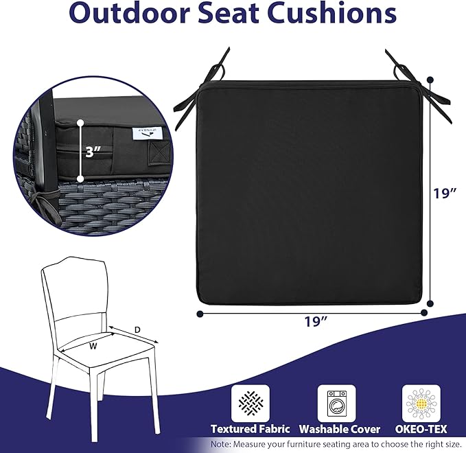 IPYNBAP Outdoor Chair Cushions Set of 4,Waterproof Outdoor Seat Cushions for Patio Furniture,Patio Chair Cushion with Handle and Ties, Square Out Door Chair Pads,19" x 19" x 3", Black