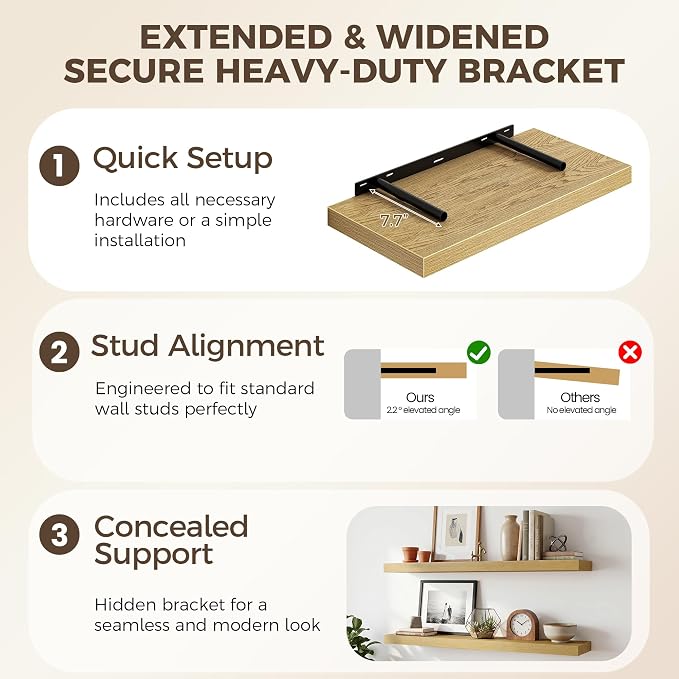 Fun Memories 12 Deep Floating Shelves for Wall, 55W x 12D Extra Large Floating Shelves Set of 2, Hanging Wood Wall Shelves for Living Room, Kitchen, Bedroom, Farmhouse, Laundry Room, Office - Oak