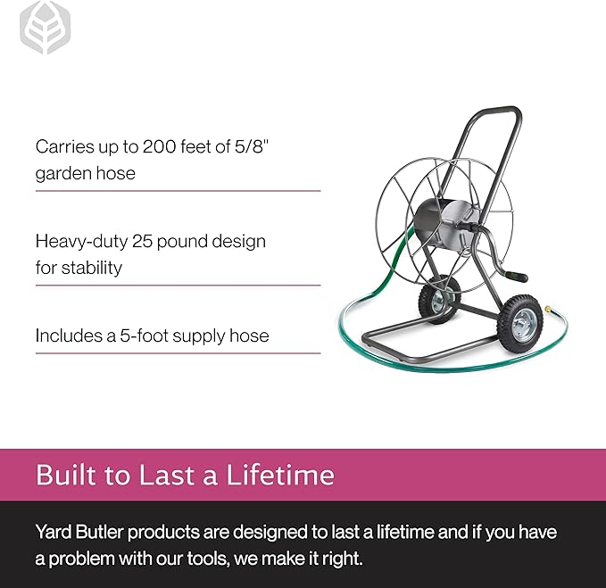 Yard Butler Garden Hose Truck - Heavy-Duty Water Hose Holder Cart - Powder Coated Steel Construction - Leakproof Reel - Portable Management - Holds up to 200' of 5/8" Hosepipe