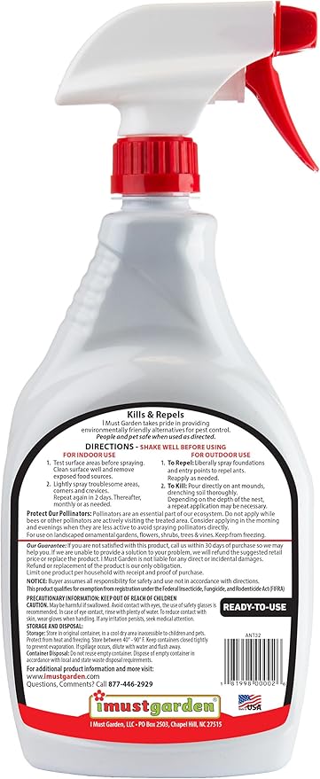 I Must Garden Ant Control - Kills & Repels - Pet & People Safe - Fast-Acting Natural Ant Repellent Spray for Indoor & Outdoor Use - 32oz Spray