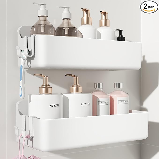 Nieifi Adhesive Shower Shelves, White, 2 Pieces | Rustproof ABS, Large Capacity, Removable Design, No Drilling Shower Organizer for Bathroom Storage & Home Decor