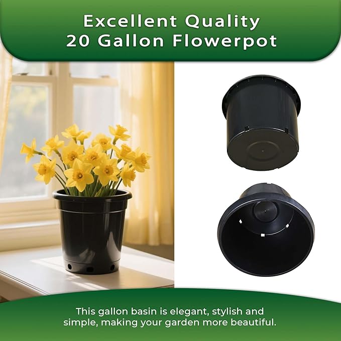 5 Pack 20 Gallon Black Nursery Pot Planter Grower Flower Pot Garden Seedling Planters Containers, Plastic Injection Molded Pots with Drainage Holes