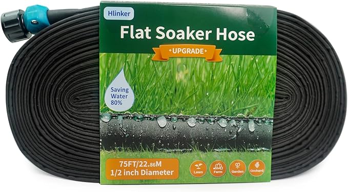 Hlinker Flat Soaker Hose 75 FT for Garden Beds, 75Ft 1/2" Linkable Consistent Drip Irrigation Hose Save 80% Water, Leakproof Heavy Duty Double Layer Sprinkler Hose