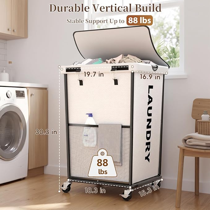 Laundry Hamper with Wheels and Lid, 150L Large Rolling Laundry Basket White | Heavy Duty Clothes Organizer, Sturdy Metal Frame, Lockable Swivel Casters, Removable Bag, For Bedroom, Bathroom, Laundry Room