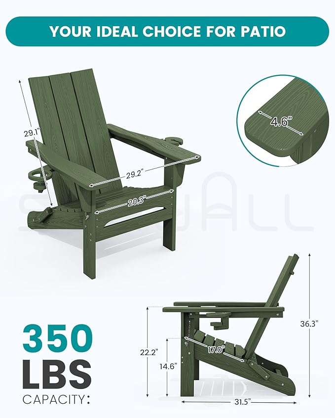 SERWALL Modern Adirondack Chair, Folding Adirondack Chair with Dual Cup Holders, Outdoor HDPE Fire Pit Chair for All Weather Use, Avocado Green