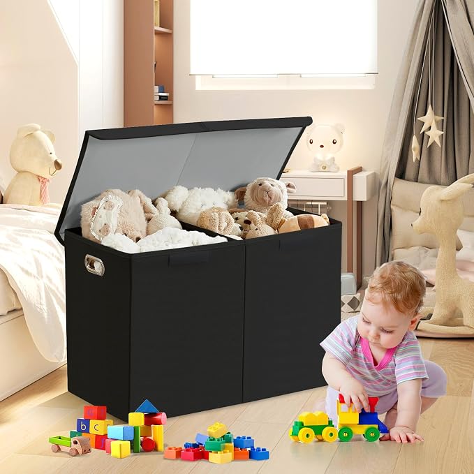 Large Toy Storage Box with Lid, Collapsible Toys Storage Organizer Bins with Dividers and Handles, Storage Chest Bin for Kids, Boys, Girls, Nursery 25"x13" x16" (Black)