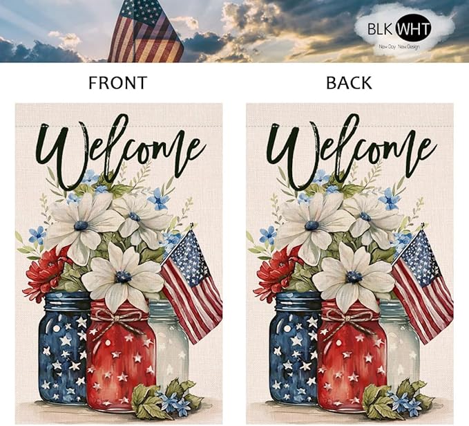 4th of July Floral House Flag 28 x 40 Vertical Double Sided Patriotic Mason Jar Flowers Red Blue Memorial Day Independence Day Holiday Outside Decorations Burlap Yard Flag BW321-40