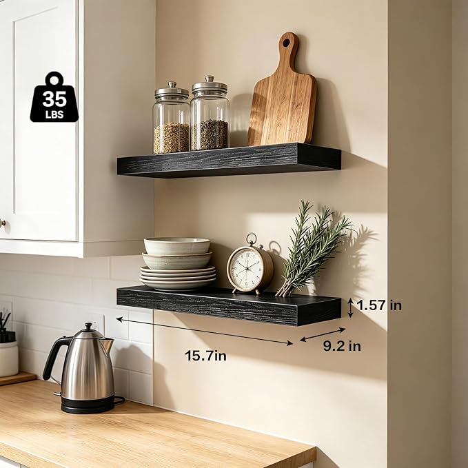 Solid Wood Floating Shelf, Wall Mounted Display Bookshelf for Bedroom, Bathroom, Kitchen, Living Room, Decor Wall,Set of 2 (Black, 15.75'W *9.25" D*1.57" H,Set of 2)