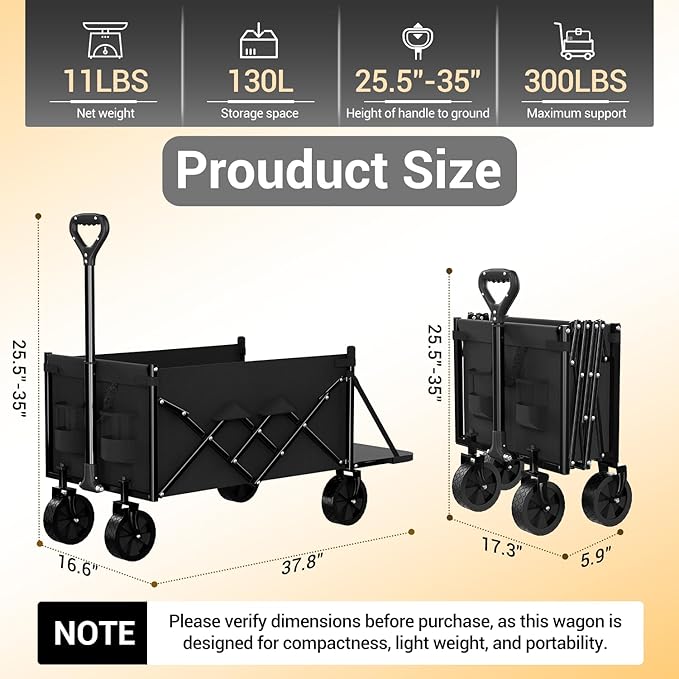 Lightweight Folding Wagon with Extended Tailgate, Large Capacity Collapsible Grocery Cart, Heavy Duty Foldable Shopping Carts, All-Terrain Outdoor Utility Carts for Camping, Sports, Garden, 4.5 Cu Ft