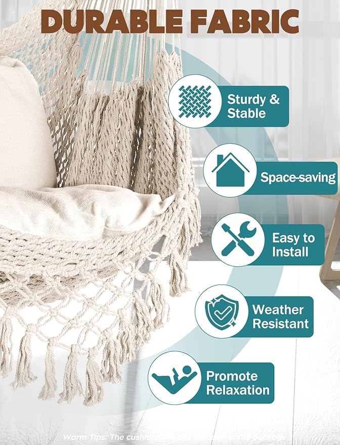 Chihee Hammock Chair Handmade Hanging Chair Cotton Rope Woven Hanging Seat Soft-Spun Large Stretch Hammock Swing, Collapsible Strong Metal Spreader Bar Elegant Macrame Comfort Indoor Outdoor Garden