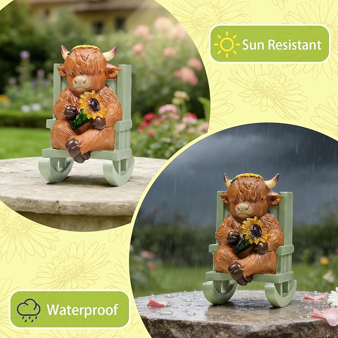 Sheaifun Solar Garden Statues Highland Cow Garden Decor Resin Highland Cow Statue with Light Animal Figurine Outdoor Yard Patio Lawn Decoration Housewarming Gardening Gifts for Women 3.5 * 5 * 6.5 in