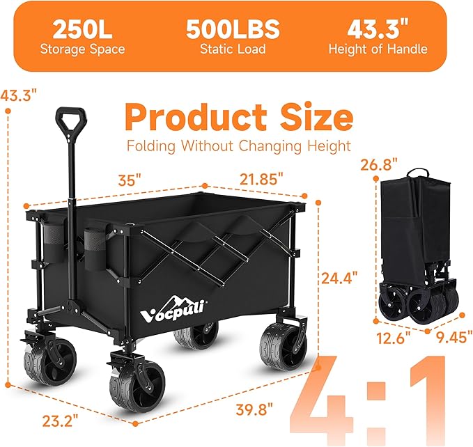 40" L Collapsible Wagon Cart Foldable, 500lbs Weight Capacity 250L Heavy Duty Folding Beach Wagons with Big All-Terrain Wheels, Utility Carts for Groceries, Shopping, Camping, Sports - Black