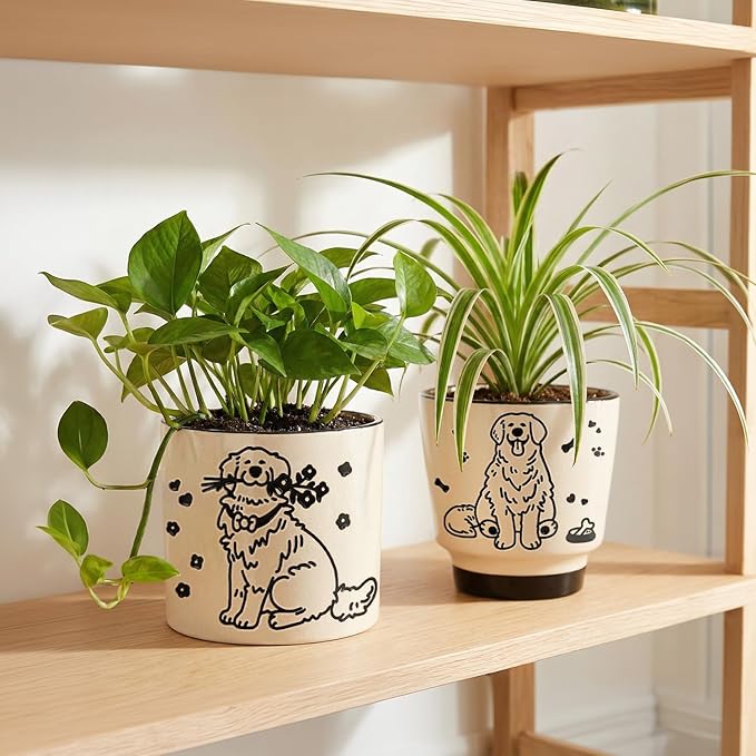 STHIE Indoor Plant Pot 5 Inch - Round Ceramic Planter with Drainage Hole, Hand-Painted Cute Flower Pot for Desktop Office Windowsill, Dog Lover Gift (Resting Dog)