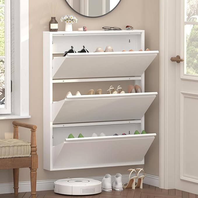 GREATMEET Slim Wall Mounted Metal Storage Cabinet with 3 Flip Drawers