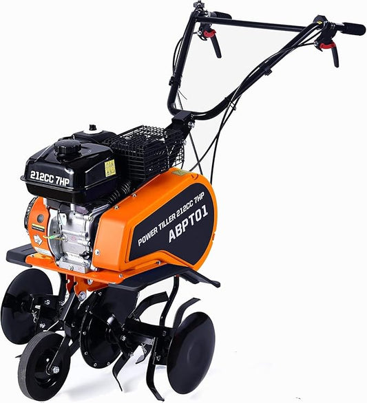 212cc 4-Cycle 7HP Gas Powered Tiller Cultivator - 22" Heavy-Duty Steel Tines Rototiller, Adjustable Wheels and Handle, Forward/Reverse for Plowing, Tilling, Weeding in Garden, Farm (Light Orange)