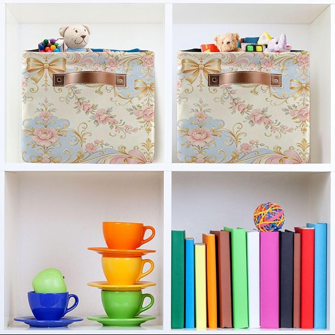 Baroque Floral Ribbon Damask Pattern Canvas Storage Basket Fabric Storage Bin Collapsible Canvas Basket Organizers and Storage Containers for Bedroom Nursery Toys Clothes