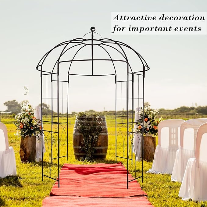 Metal Gazebo Pergola Pavilion Arbor Arch Trellis French Style with Hook 9' Highx 6'6" Wide for Various Climbing Plants Support Outdoor Garden Decoration, Dark Rust