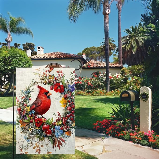 Spring Summer Cardinal Bird Garden Flag 12x18 Inch Double Sided, Floral Welcome Yard Decor, Farmhouse Outdoor Flag