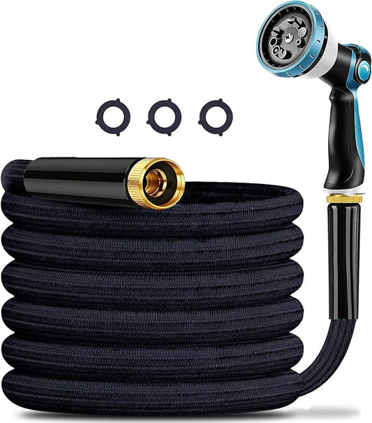 Aterr Garden Hose 25 FT Heavy Duty Water Hose, 3-Layer Flexible with 10-Pattern Nozzle - Kink-Free, Lightweight, Rust-Proof Aluminum Connectors for Yard Lawn Car Wash (Black)