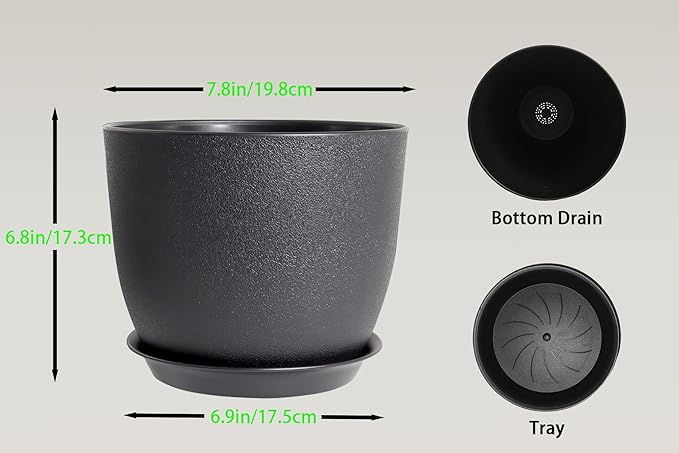 8 Inch Plant Pots Set of 2, Plastic Planters with Drainage Holes and Tray, Flower Pots for Indoor Outdoor Plants and Flowers (Black)