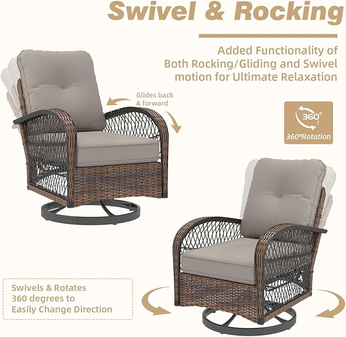 MELLCOM 3 Pieces Patio Furniture Set, Outdoor Swivel Rocker Patio Chairs, Wicker Patio Bistro Set with Rocking Chair, Thickened Cushions and Glass Coffee Table for Backyard, Garden, Grey