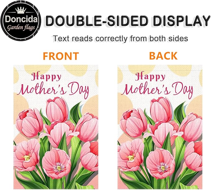 Doncida Happy Mother’s Day Garden Flag 12x18 Inch Burlap Double Sided Pink Tulip Floral Yard Flag Farmhouse Holiday Outside Decorations