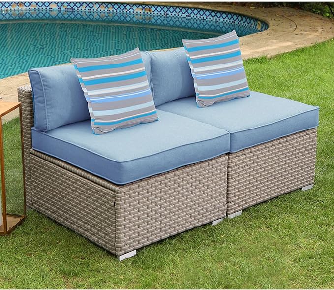 COSIEST 2-Piece Outdoor Furniture Add-on Armless Chairs for Expanding Wicker Sectional Sofa Set w Denim Blue Thick Cushions, 2 Stripe Woven Pillows for Garden, Pool, Backyard