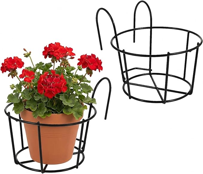 DOITOOL 2 Pcs Balcony Planters Railing Hanging Plant Holder, Metal Fence Planters Hanging Bucket Plant Hangers Flower Pot Holder for Patio Balcony Deck Railing Garden Orchid Patio Outdoor
