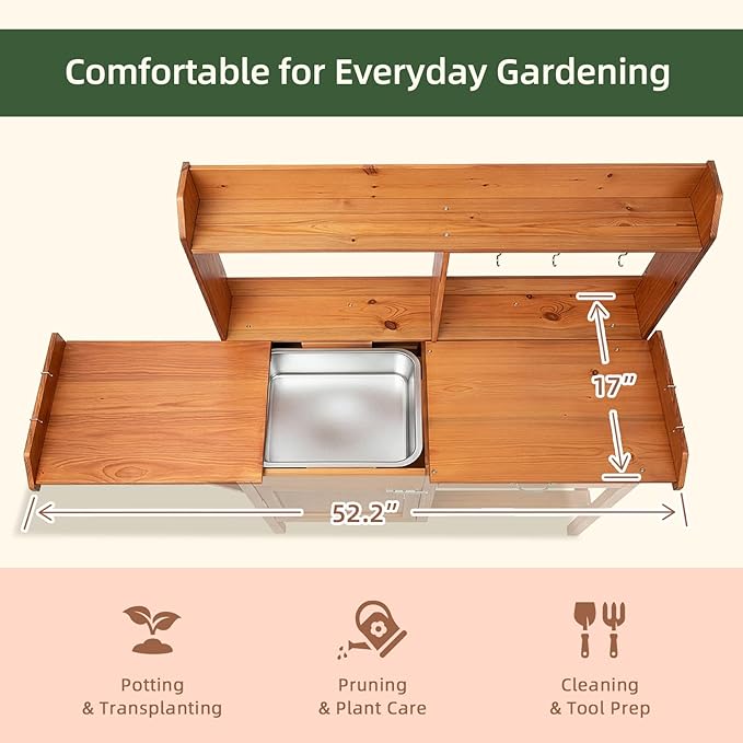 OOOK Potting Bench, Nordic Scots Pine Potting Table with Sink and Storage Shelves, Garden Bench, Workstation for Outside Patio Lawn, Wooden Garden Work Station
