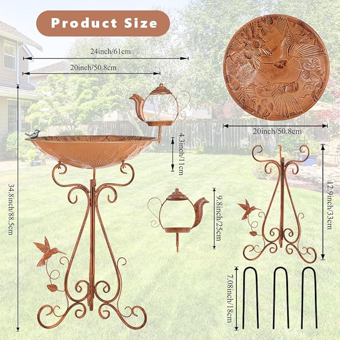 VEWOGARDEN Large Metal Bird Bath for Outside Garden Standing Birdbath with Feeder for Outdoors Yard Patio Lawn Decoration, Brown