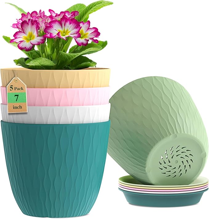WSMKSZ 7 inch Plant Pots, 5 Pack Flower Pots with Drainage Holes and Saucers for Indoor Plants, Plastic Planters with Water Ripple for Small Garden House Plants, Nursery Pots for Succulent, Colorful